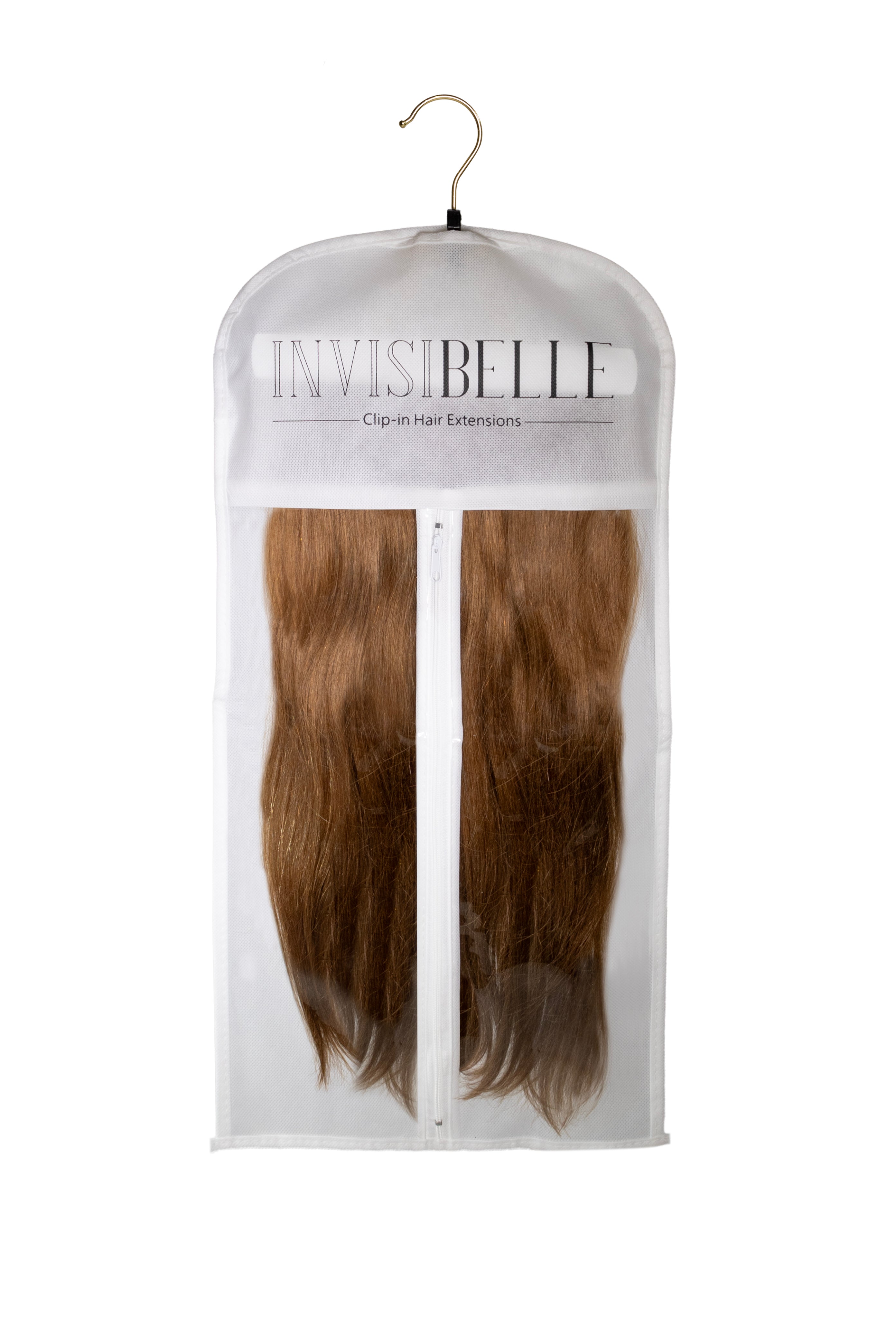 InvisiBelle Hair Extensions Gold + White Hanger and Storage Bag